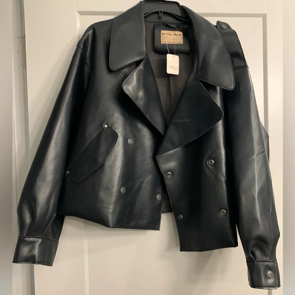NWT Free People x We The Free Black Alexis Vegan Leather Moto Jacket size Large
